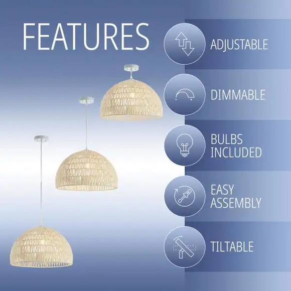 JONATHAN Y Campana 20 in. Woven Rattan Dome LED Pendant, Cream, NWT. - Picture 8 of 8